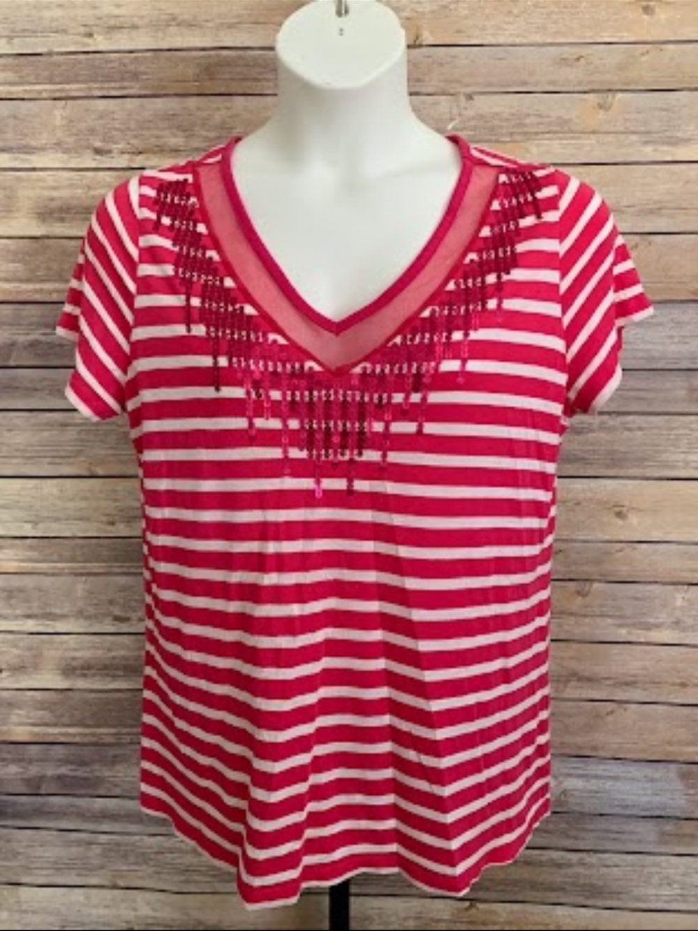 Avenue Striped Pink V-Neck Short Sleeve Top with Bead Detail